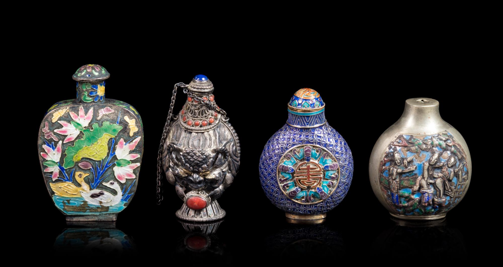 Four Chinese Enamel on Silver Snuff Bottles Height of tallest 3 inches. — 19TH-EARLY 20TH CENTURY