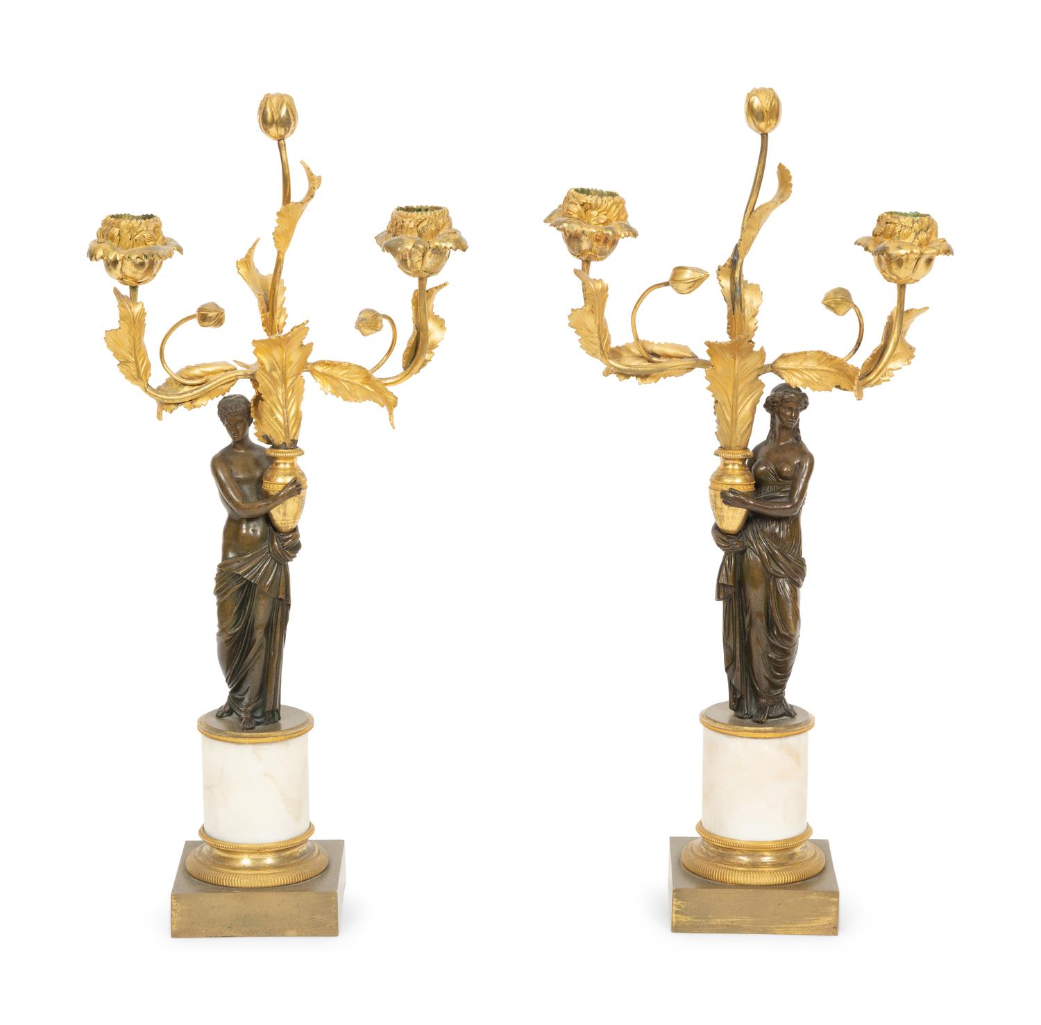 A Pair of Lous XVI Style Gilt and Patinated Bronze and Marble Figural Candelabra