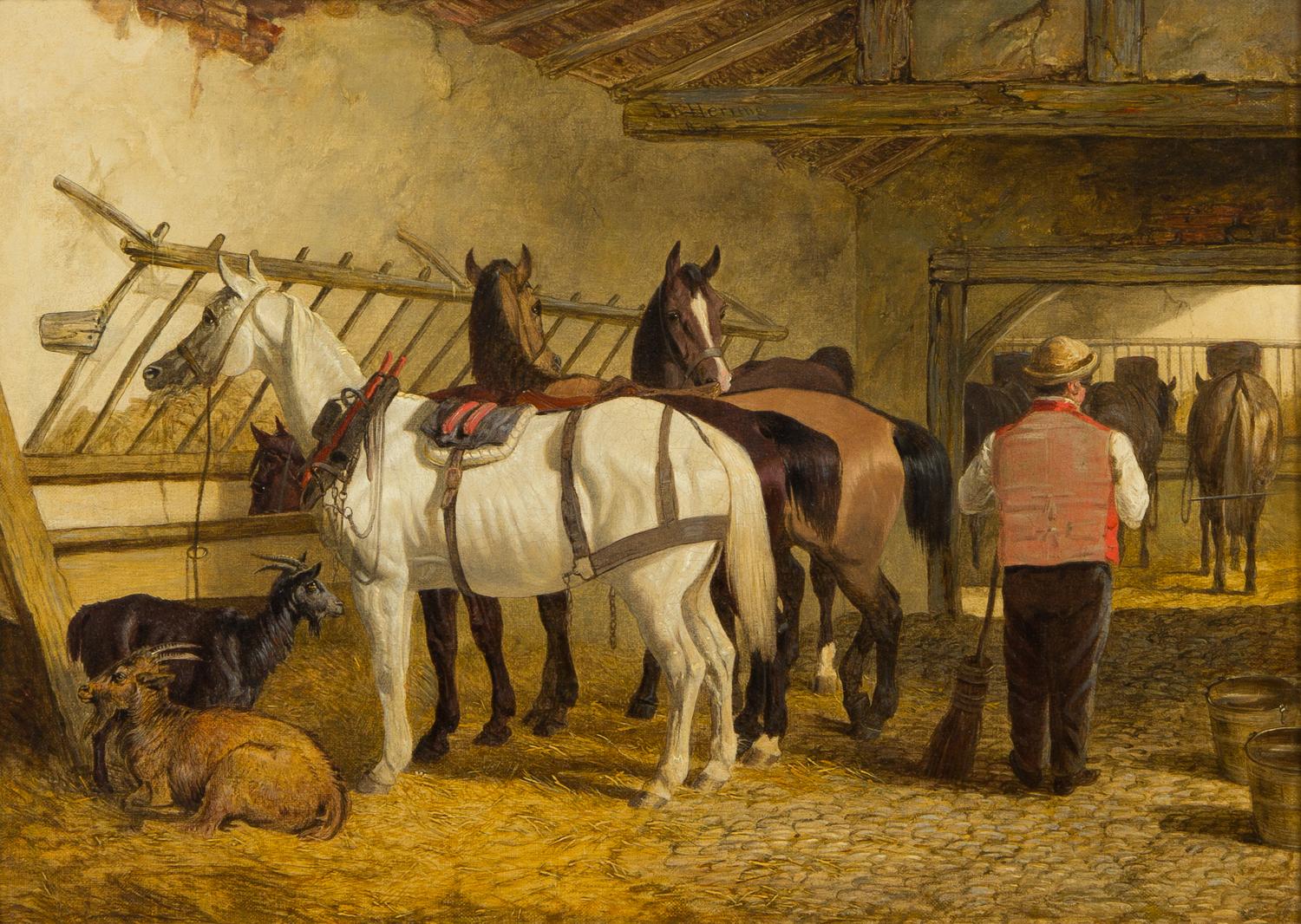 John Frederick Herring the Elder, (British, 1795-1865), Stable Scene with Figures, Horses, and Goats, 1839