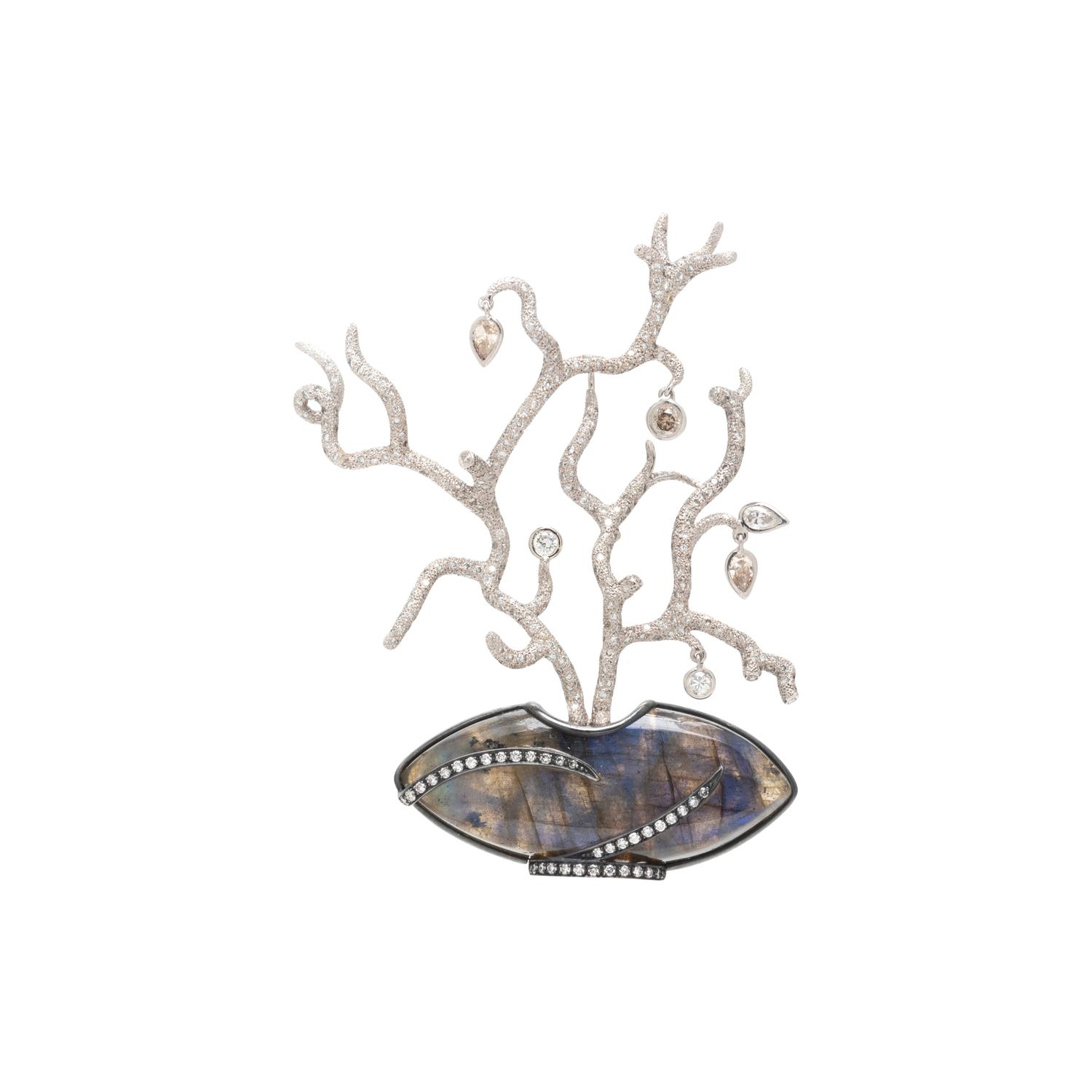 LUZ CAMINO, LABRADORITE AND DIAMOND BONSAI BROOCH