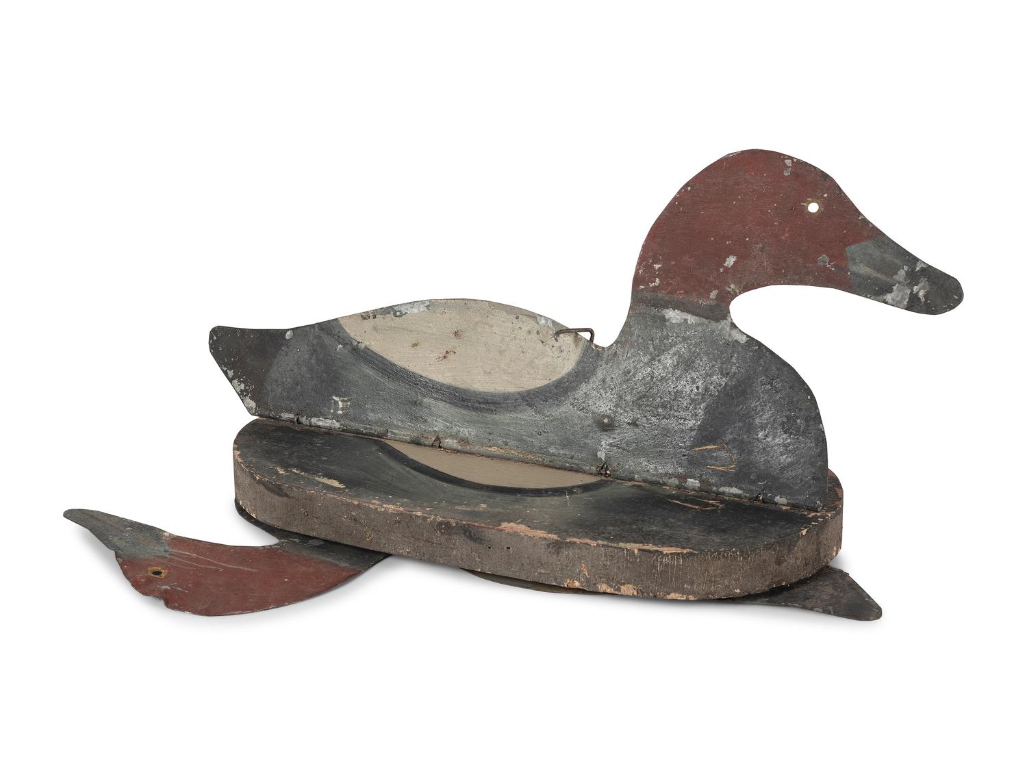 Five Painted Wood and Tin Folding Duck Decoys