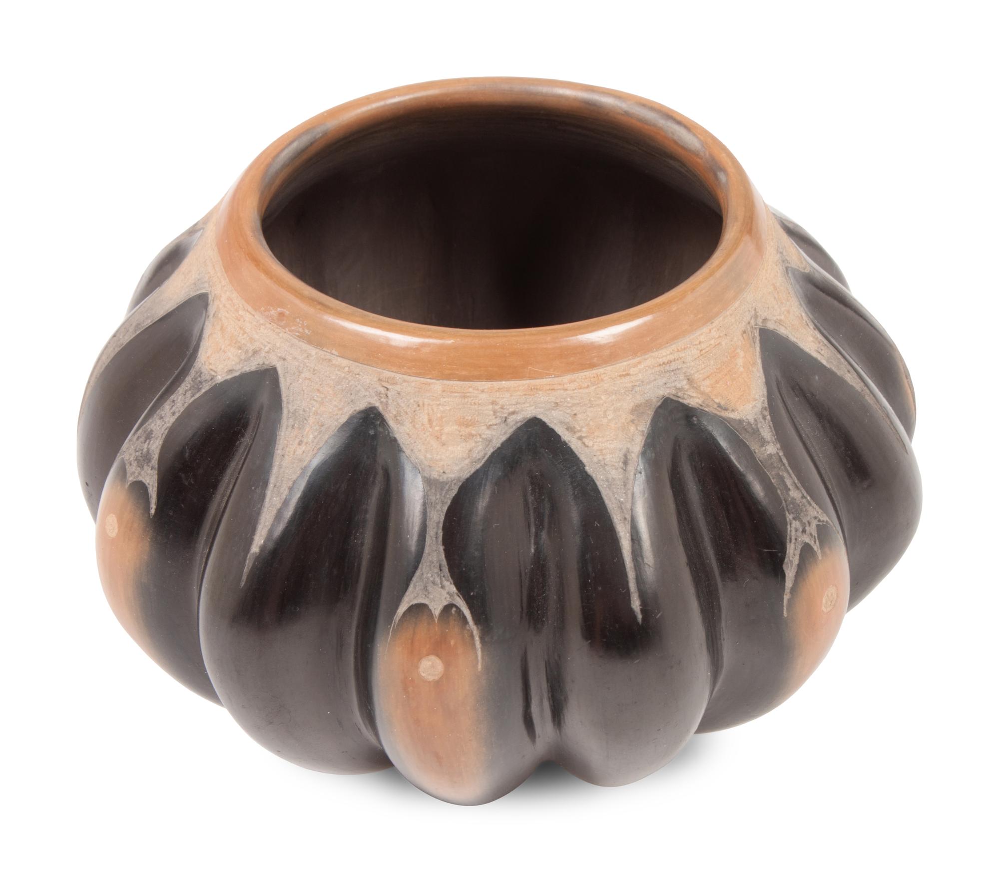 Two-toned Melon Pottery Jar, with Etched Decoration