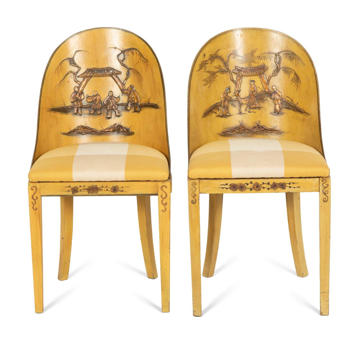 A Pair of Continental Yellow-Painted and Japanned Side Chairs