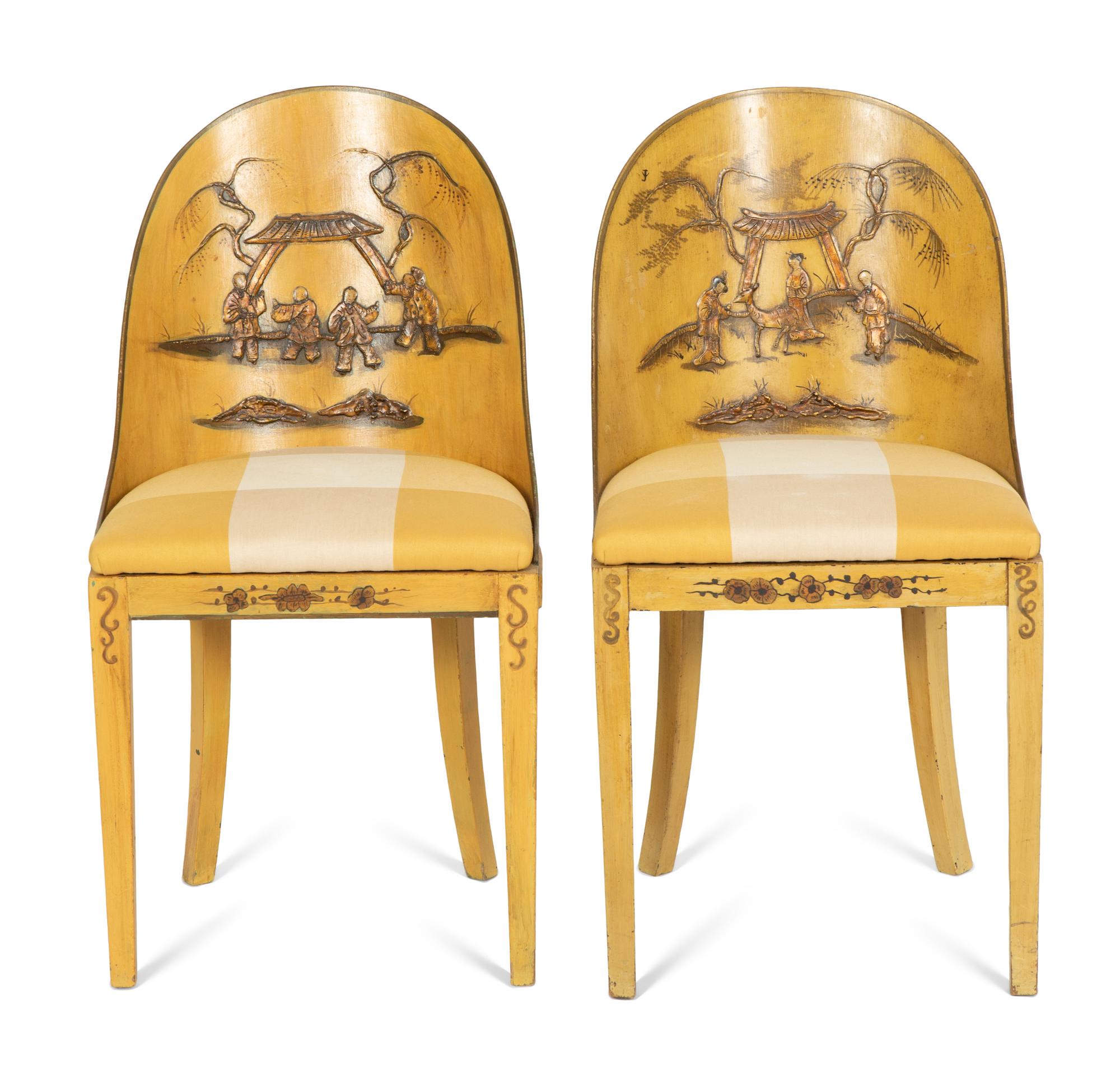 A Pair of Continental Yellow-Painted and Japanned Side Chairs