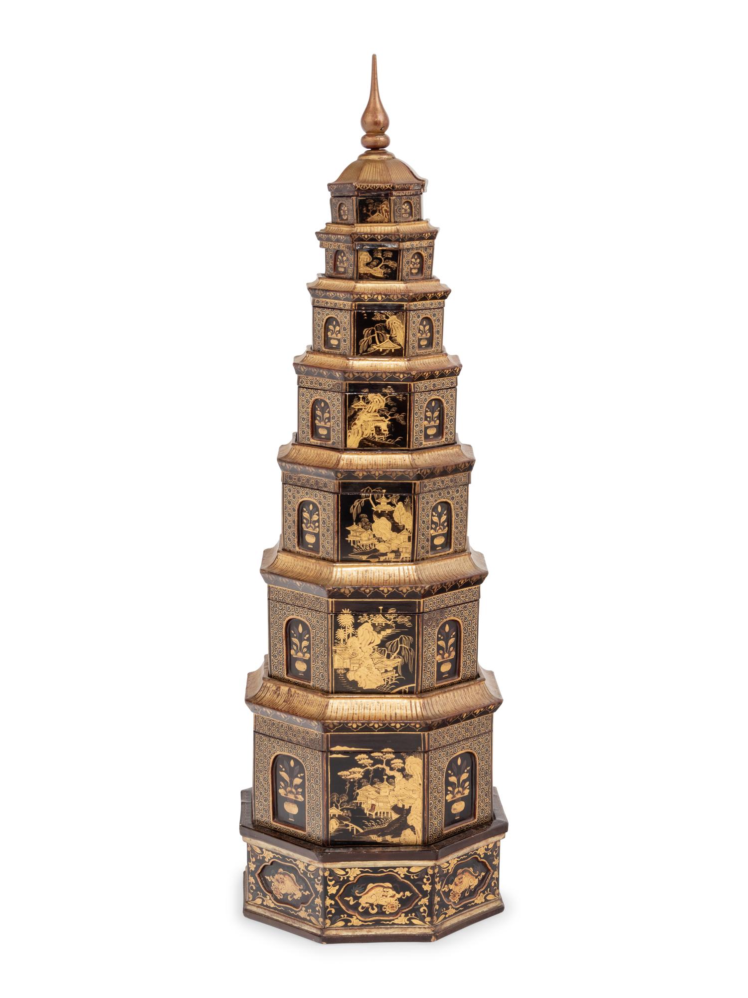 A Chinese Export Black and Gilt Lacquer Pagoda-Form Stacking Container