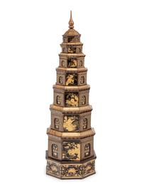 A Chinese Export Black and Gilt Lacquer Pagoda-Form Stacking Container