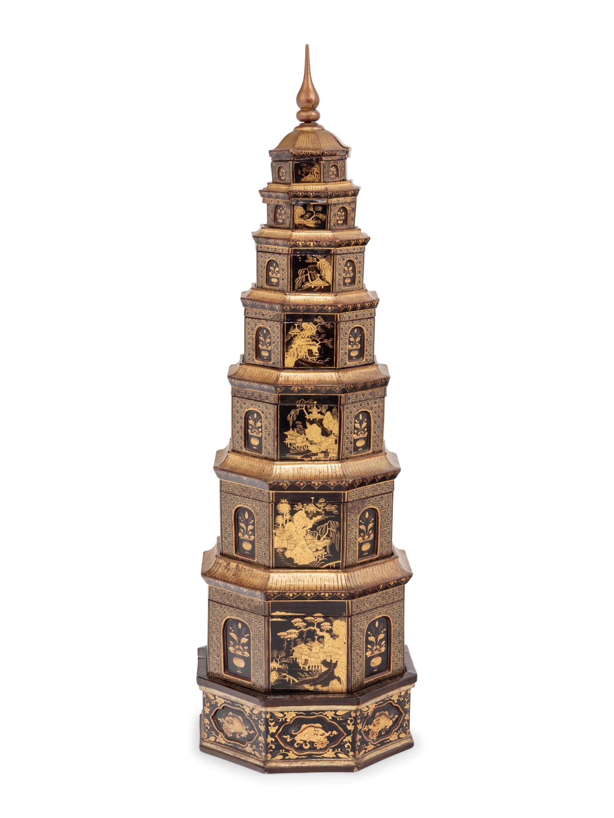 A Chinese Export Black and Gilt Lacquer Pagoda-Form Stacking Container