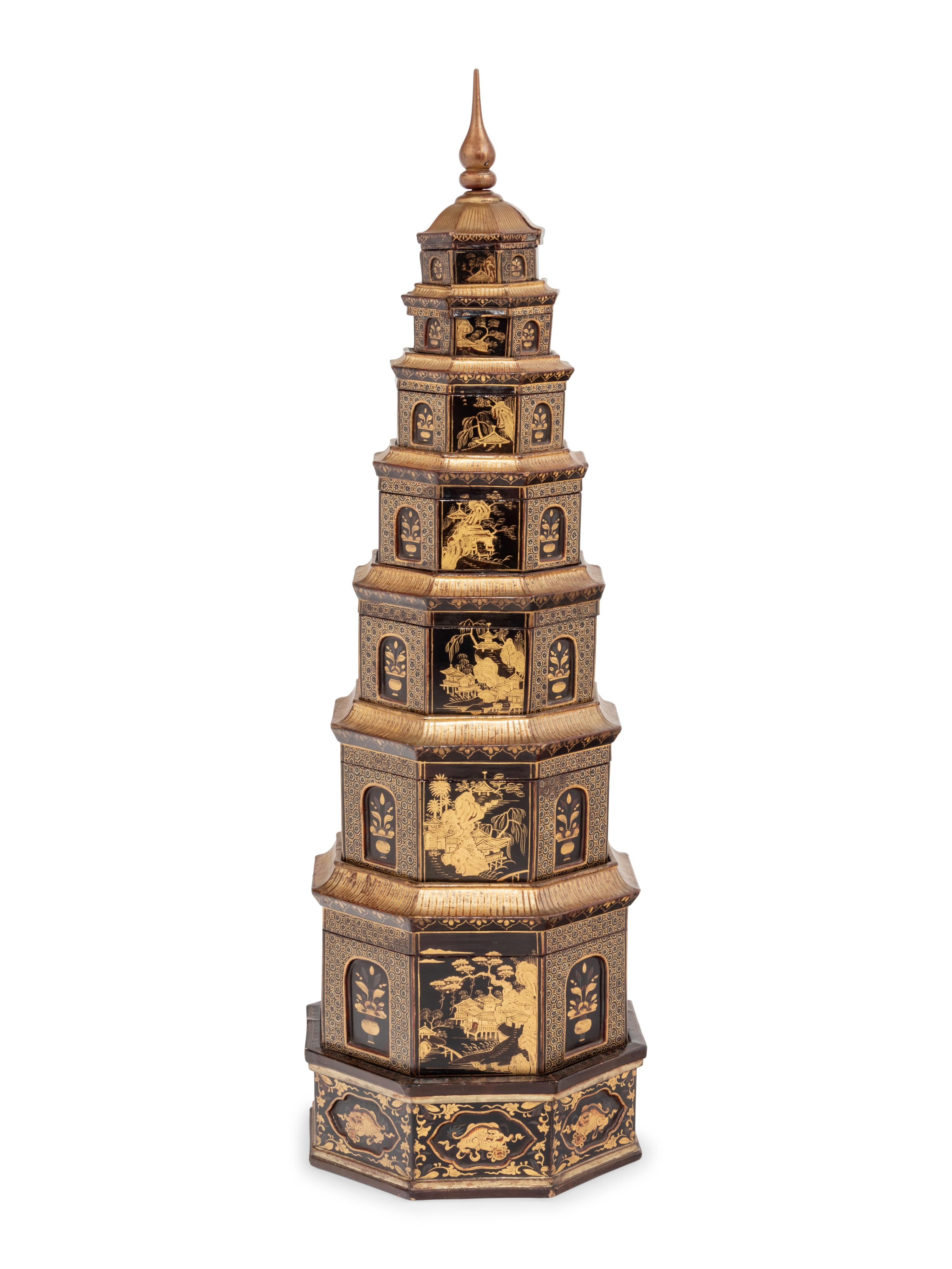 A Chinese Export Black and Gilt Lacquer Pagoda-Form Stacking Container