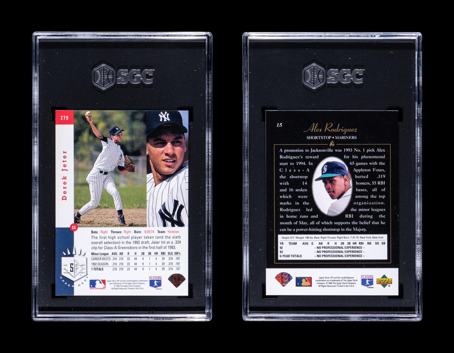A 1993 Upper Deck SP Derek Jeter Rookie Card No. 279 (SGC 7) and 1994 Upper Deck SP Alex Rodriguez Rookie Card No. 15 (SGC 8)
