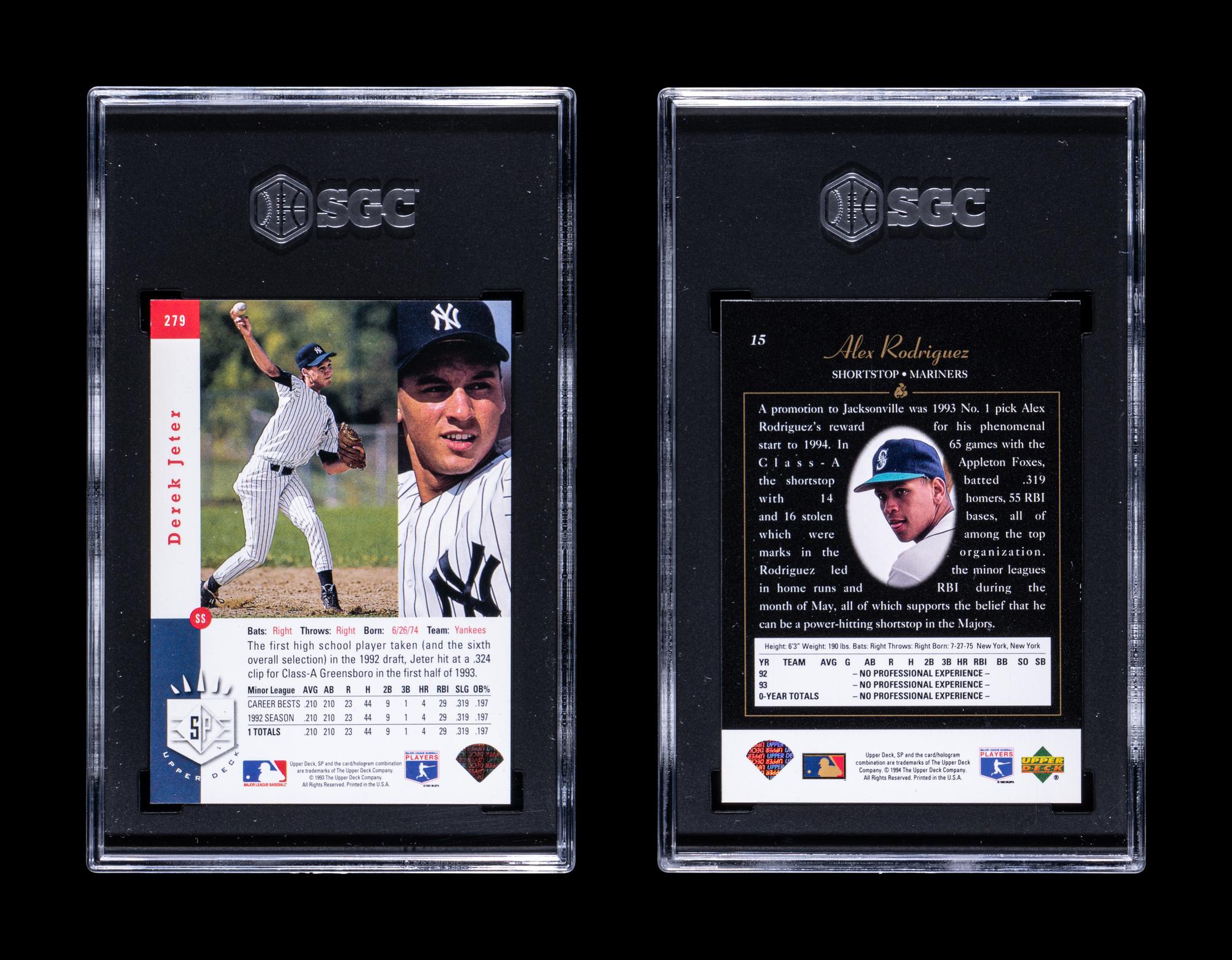 A 1993 Upper Deck SP Derek Jeter Rookie Card No. 279 (SGC 7) and 1994 Upper Deck SP Alex Rodriguez Rookie Card No. 15 (SGC 8)