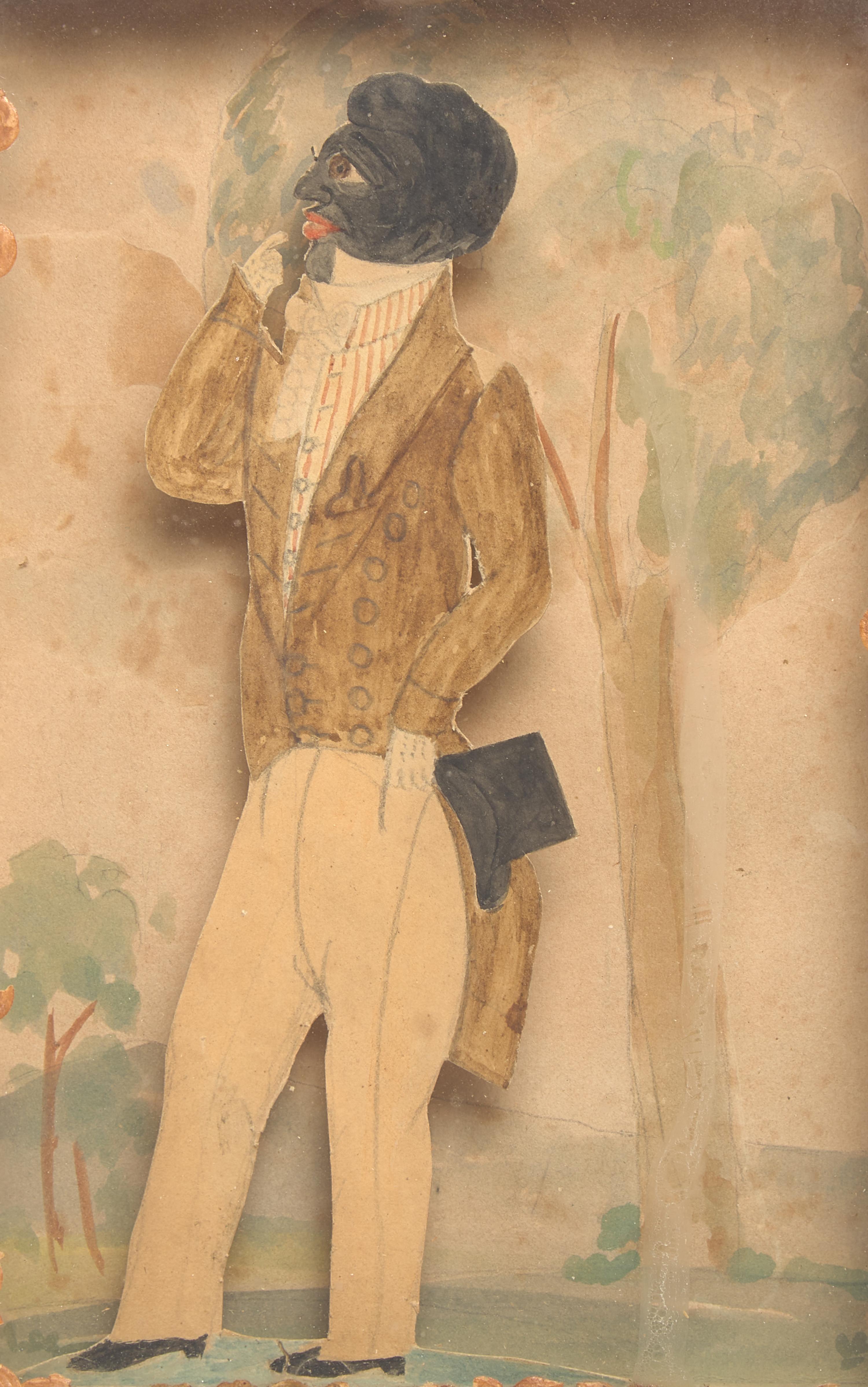 A Pair of Shadowboxes with Painted Paper Cut-Outs of An African-American Lady and Gentleman