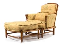 A Colonial Style Walnut Open Armchair and Ottoman Height 38 inches. — 20TH CENTURY