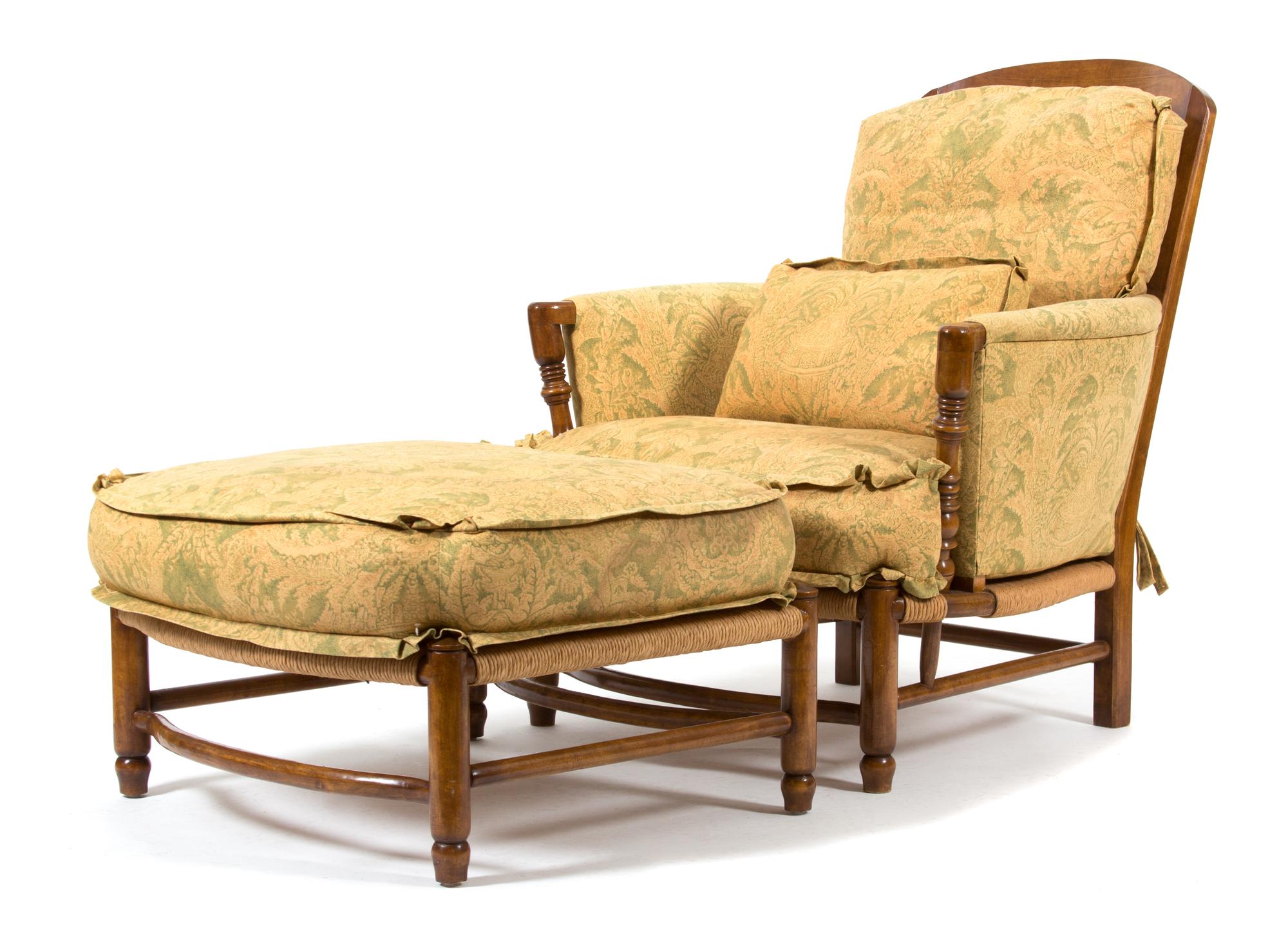 A Colonial Style Walnut Open Armchair and Ottoman Height 38 inches. — 20TH CENTURY