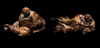 A Pair of Chinese Carved Root Wood Figures of Immortals, Hehe Exian