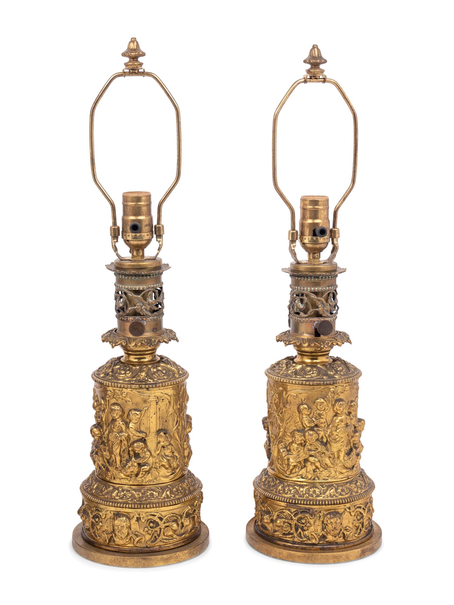 Two Pairs of French Gilt Metal Fluid Lamps Converted to Electricity
