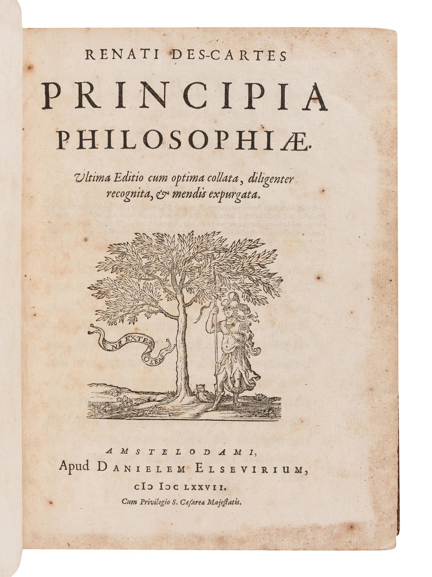 DESCARTES, Rene (1596-1650). Tractatus de Homine, et de Formatione Foetus. --Passiones Animae, per Renatum Descartes. --Specimina Philosphaiae: Seu Dissertatio de Methodo Rectè regendae rationis, & Veritatis in scientiis investigandae: Dioptrice, et Meteora. --Principia Philosophiae. --Meditationes de Prima Philosophia, In quibus Dei Existentia, & Animӕ humanӕ à corpore Distinctio, demonstrantur. 1678. --Appendix, Continens Objectiones Quintas & Septimas In Renati Descartes Meditationes De Prima Philosophia. Amsterdam: Daniel Elzevir, 1677, 1678.