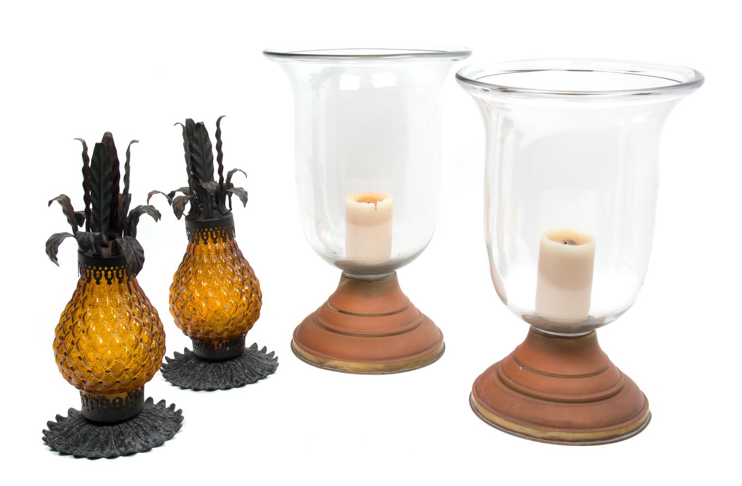 A Pair of Hurricane Shades and a Pair of Pineapple Lamps Height of taller 18 1/2 inches. — 20TH CENTURY