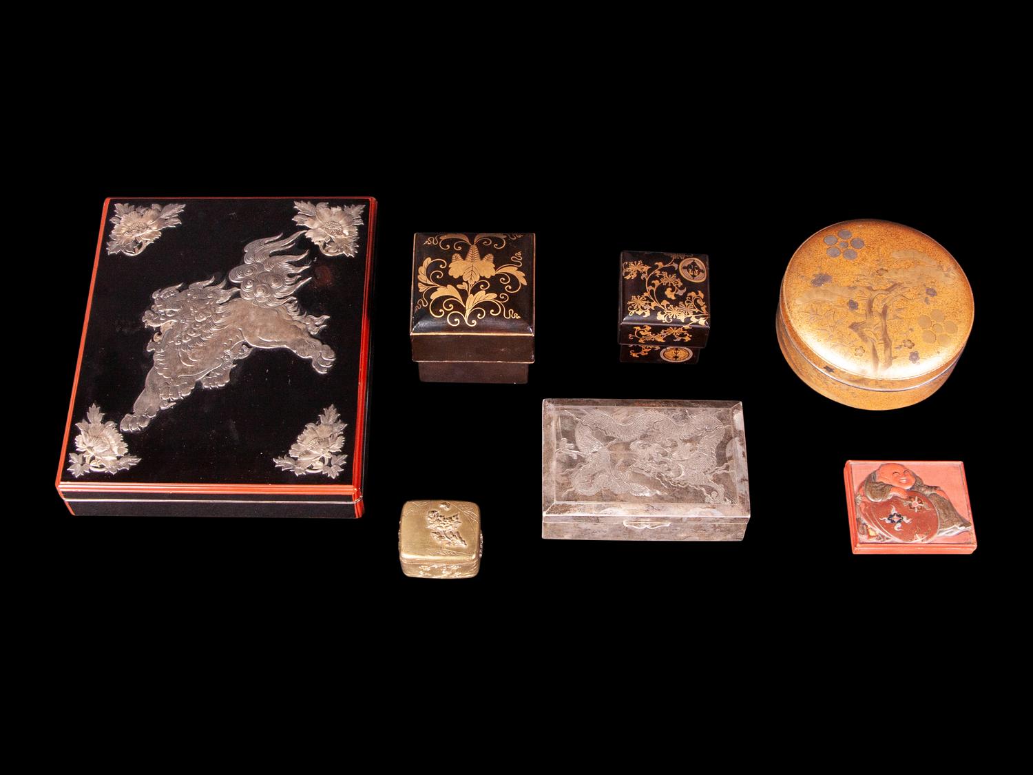 Six Japanese Covered Boxes and A Chinese Export Silver Hinged Box