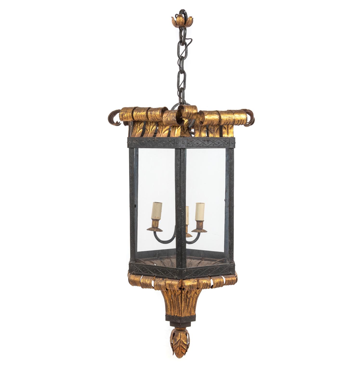 An Iron and Gilt Tôle Hall Lantern
