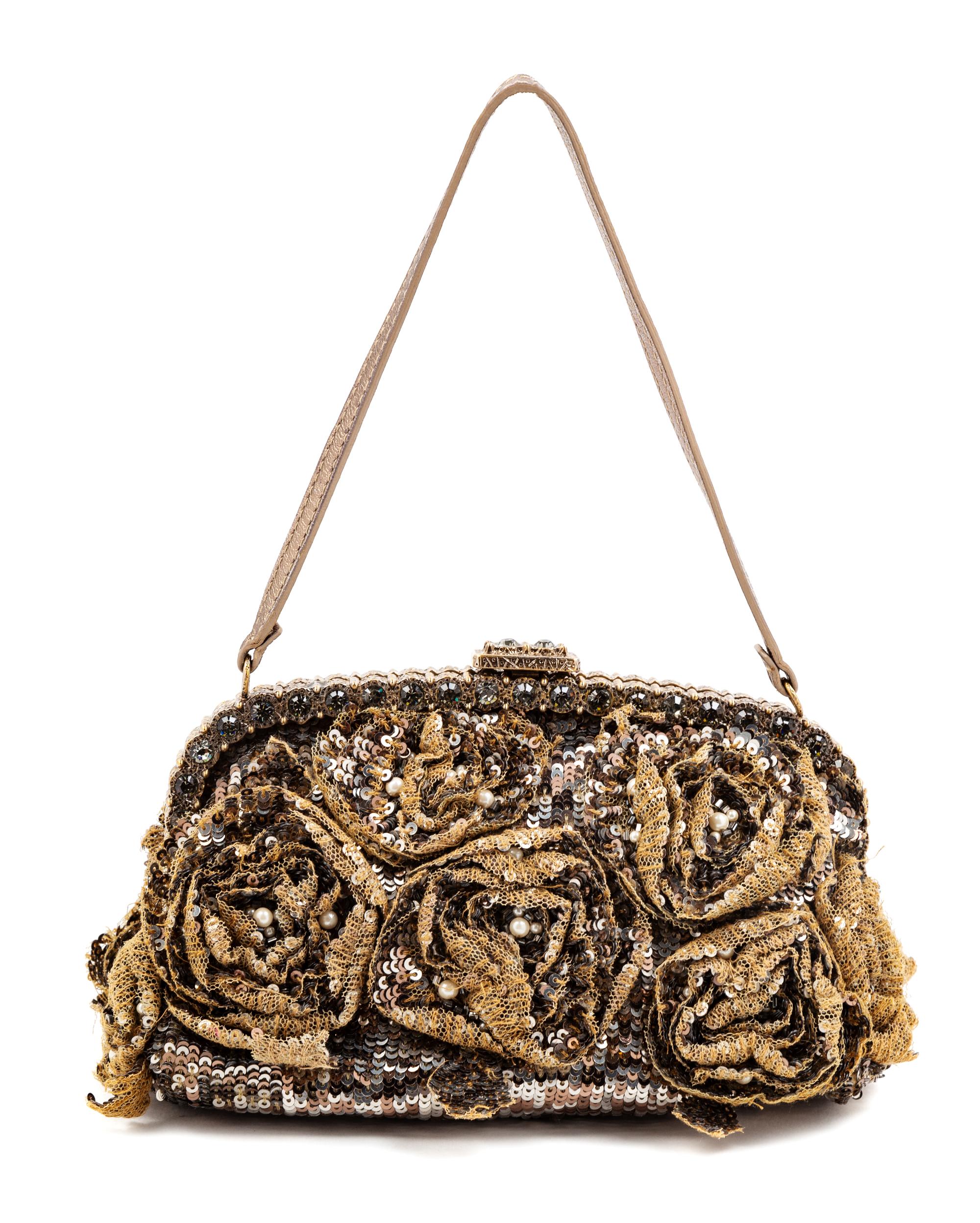 A Valentino Taupe Rosette and Sequin Evening Bag, 4.5" H x 8" W x 4.75" D; Strap drop: 5.5".