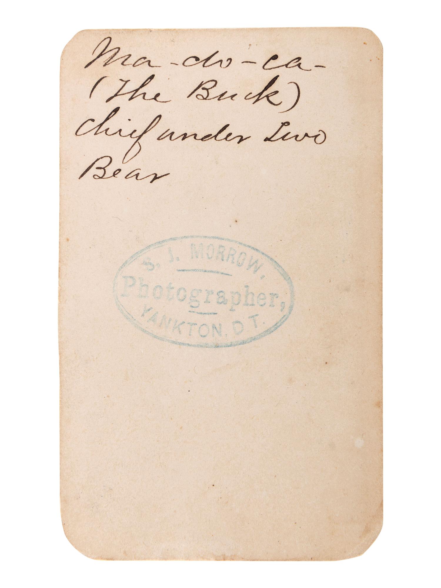 [NATIVE AMERICANS]. MORROW, Stanley J., photographer. CDV of subject identified as Yankton Chief Ma-do-ca (The Buck). Yankton, Dakota Territory.