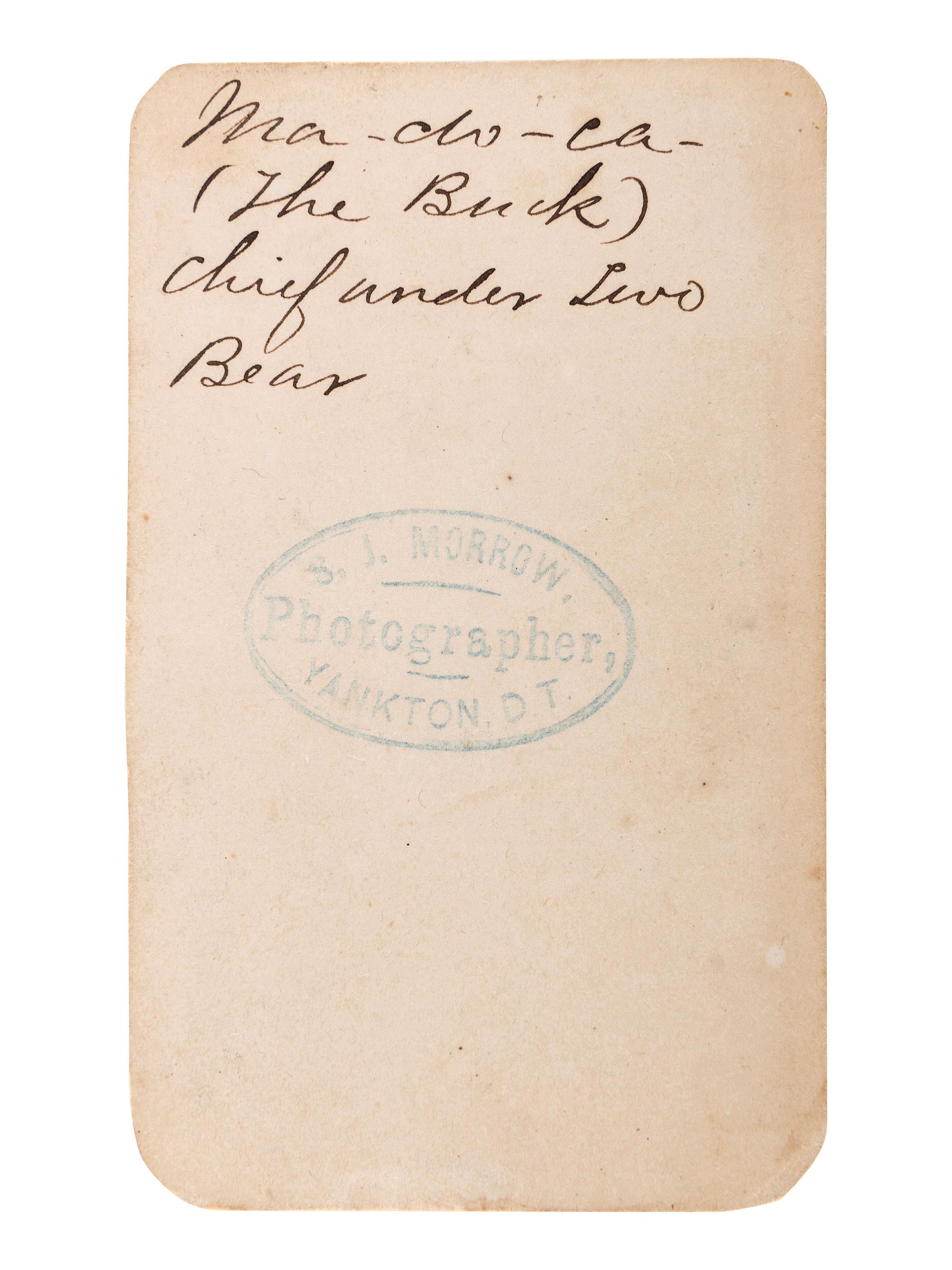 [NATIVE AMERICANS]. MORROW, Stanley J., photographer. CDV of subject identified as Yankton Chief Ma-do-ca (The Buck). Yankton, Dakota Territory.