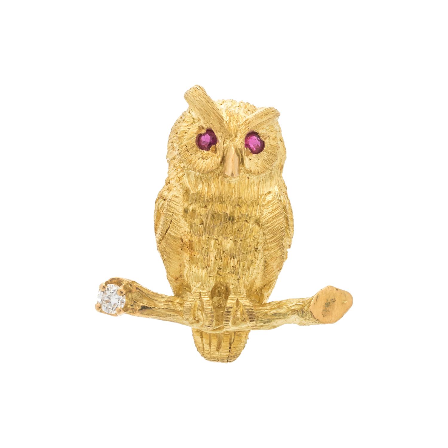 YELLOW GOLD, DIAMOND AND RUBY OWL BROOCH