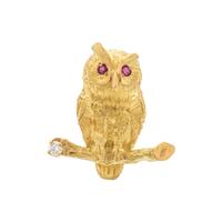 YELLOW GOLD, DIAMOND AND RUBY OWL BROOCH