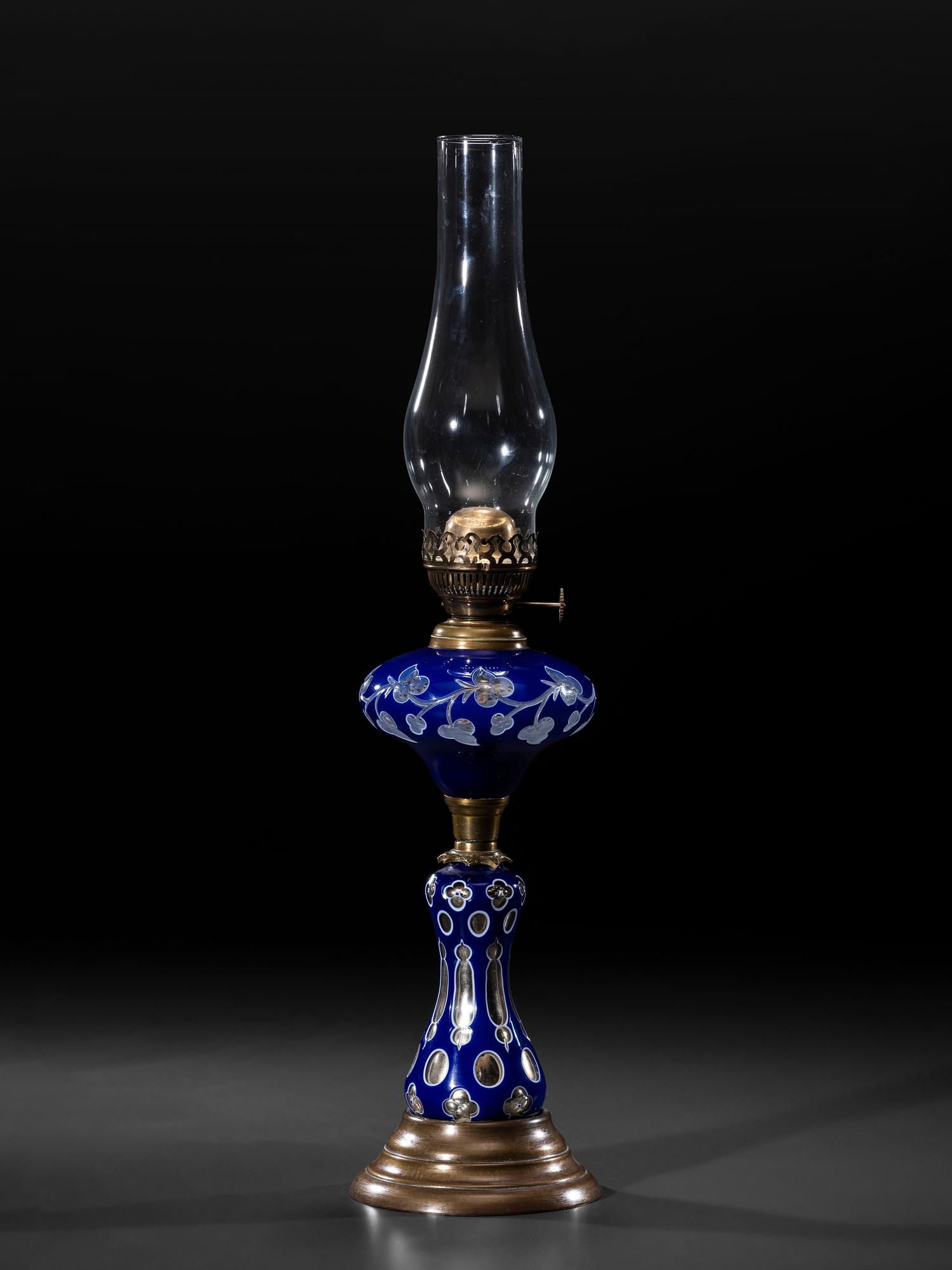 A Cobalt Cut to Clear Glass Oil Lamp