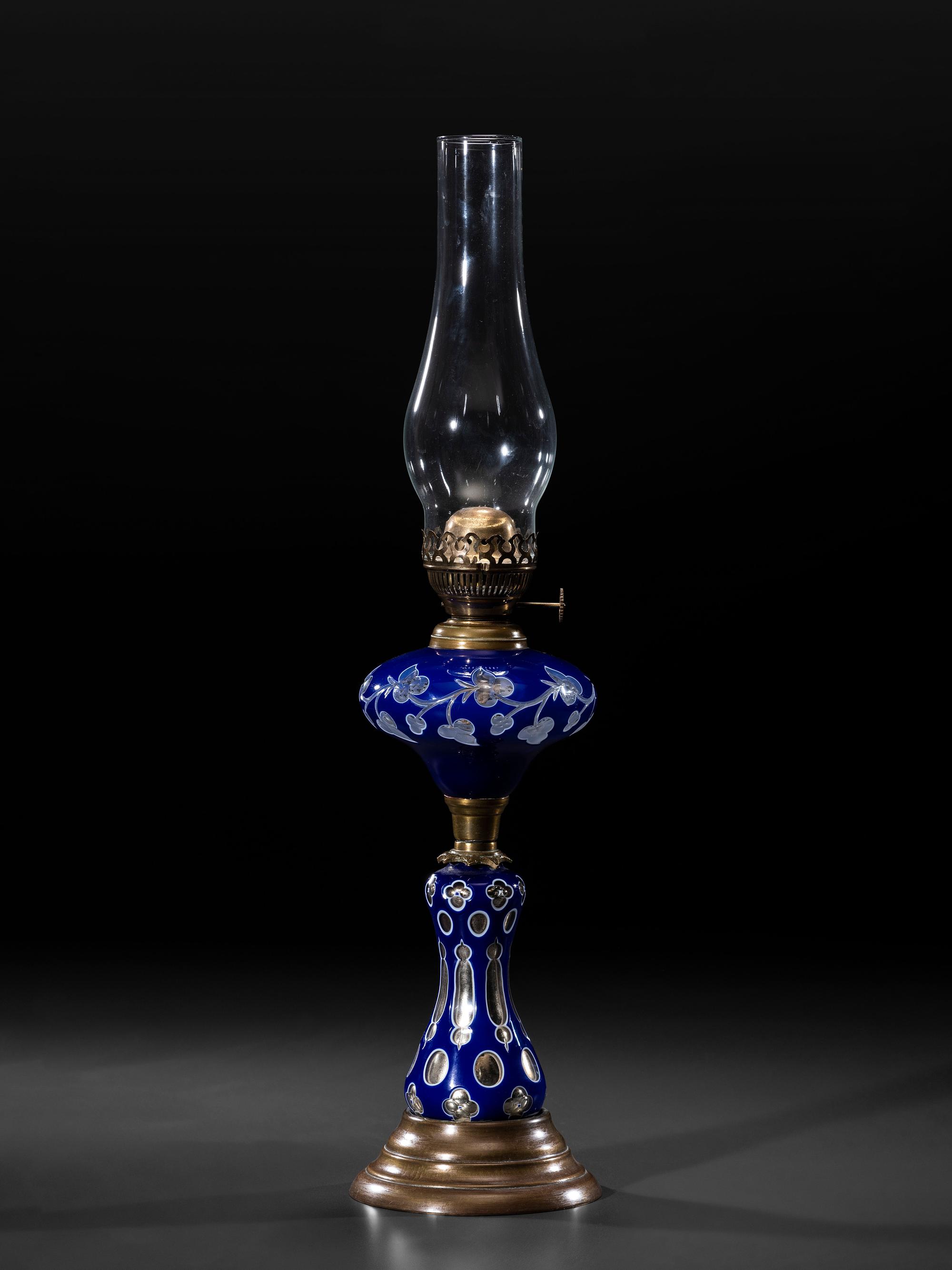 A Cobalt Cut to Clear Glass Oil Lamp