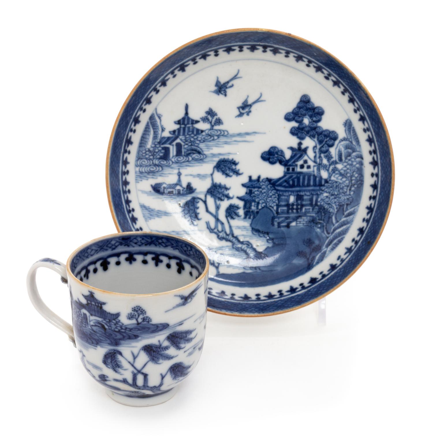 A Chinese Export Canton Blue and White Porcelain Cup and Saucer Diameter of saucer 5 inches. — 19TH CENTURY