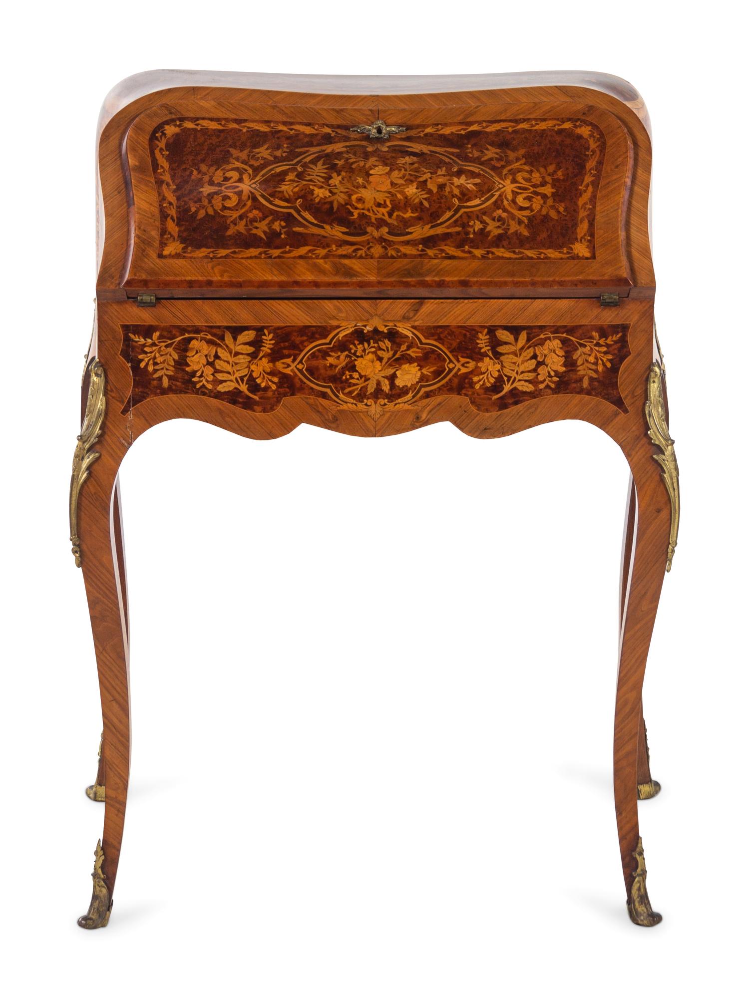 A Louis XV Style Gilt Bronze Mounted Marquetry Bureau en Pente