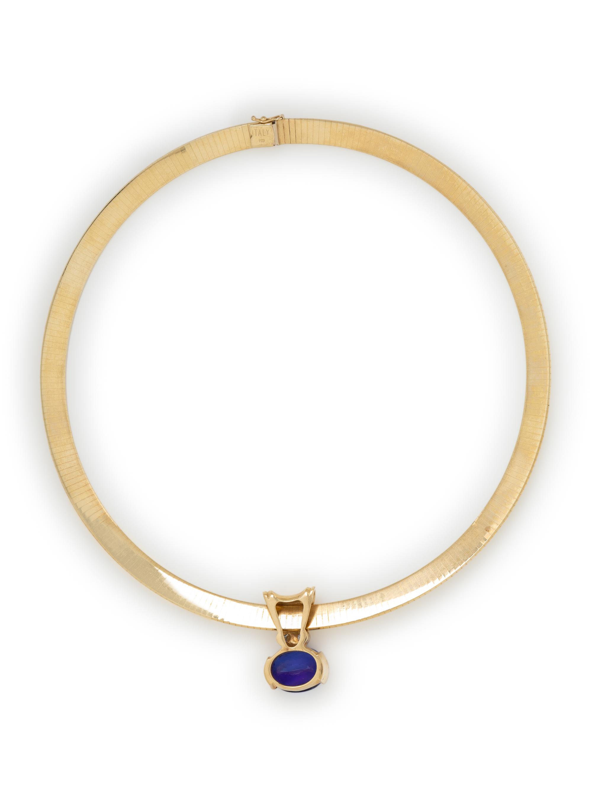 TANZANITE, DIAMOND, AND YELLOW GOLD SLIDE PENDANT WITH OMEGA CHAIN