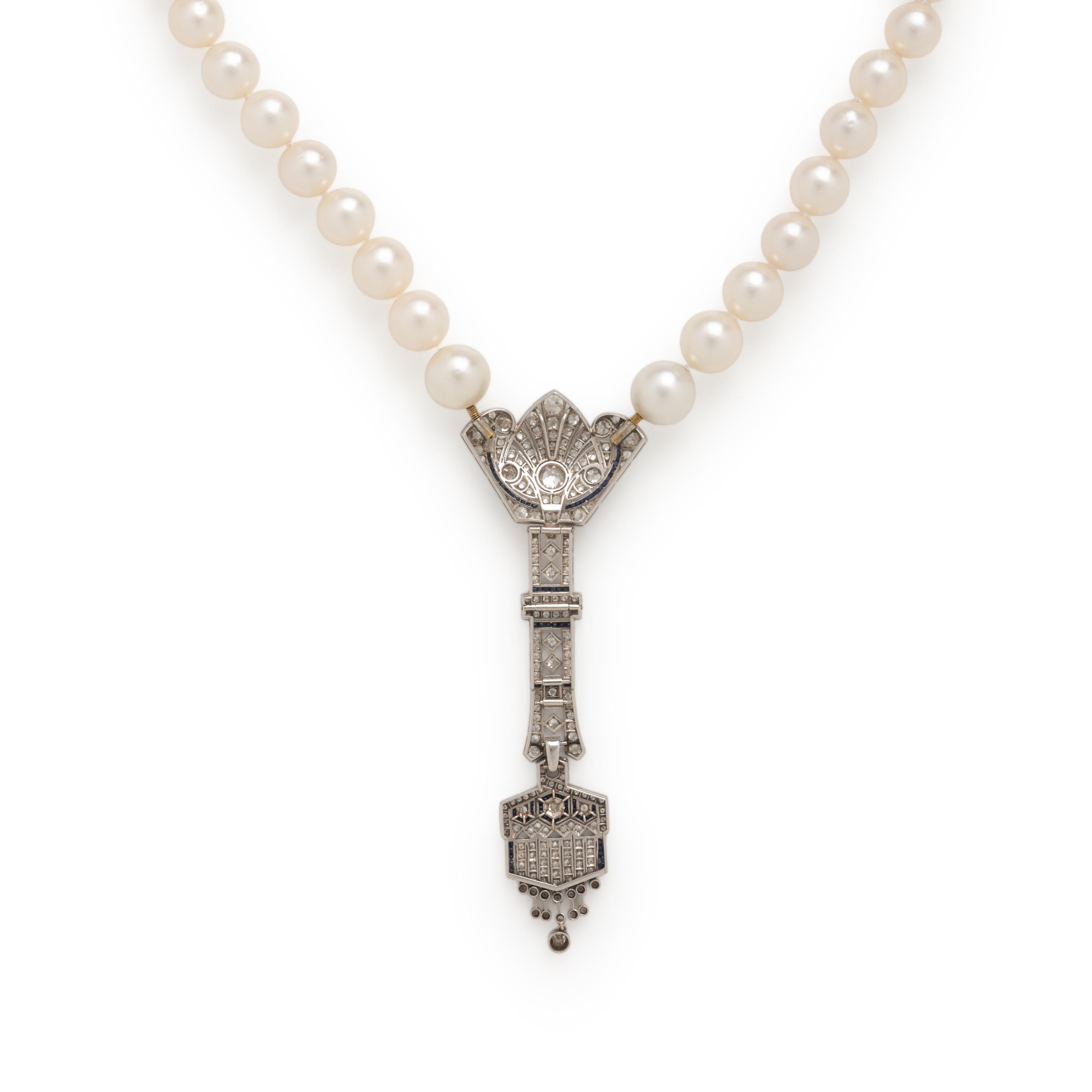 Cultured Pearl, Diamond, and Platinum Necklace