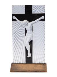A Lalique Frosted Glass and Enamel Crucifix