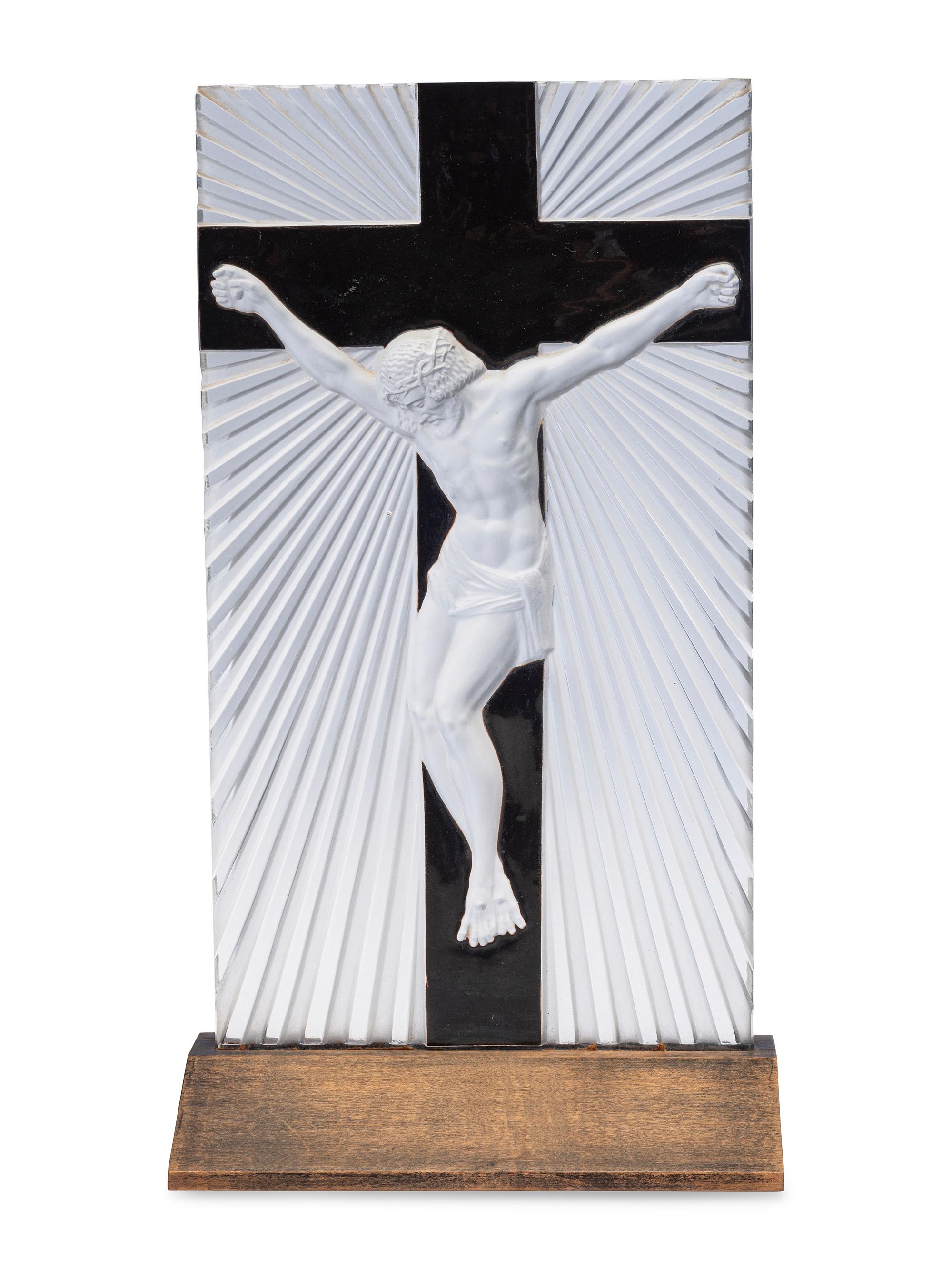 A Lalique Frosted Glass and Enamel Crucifix