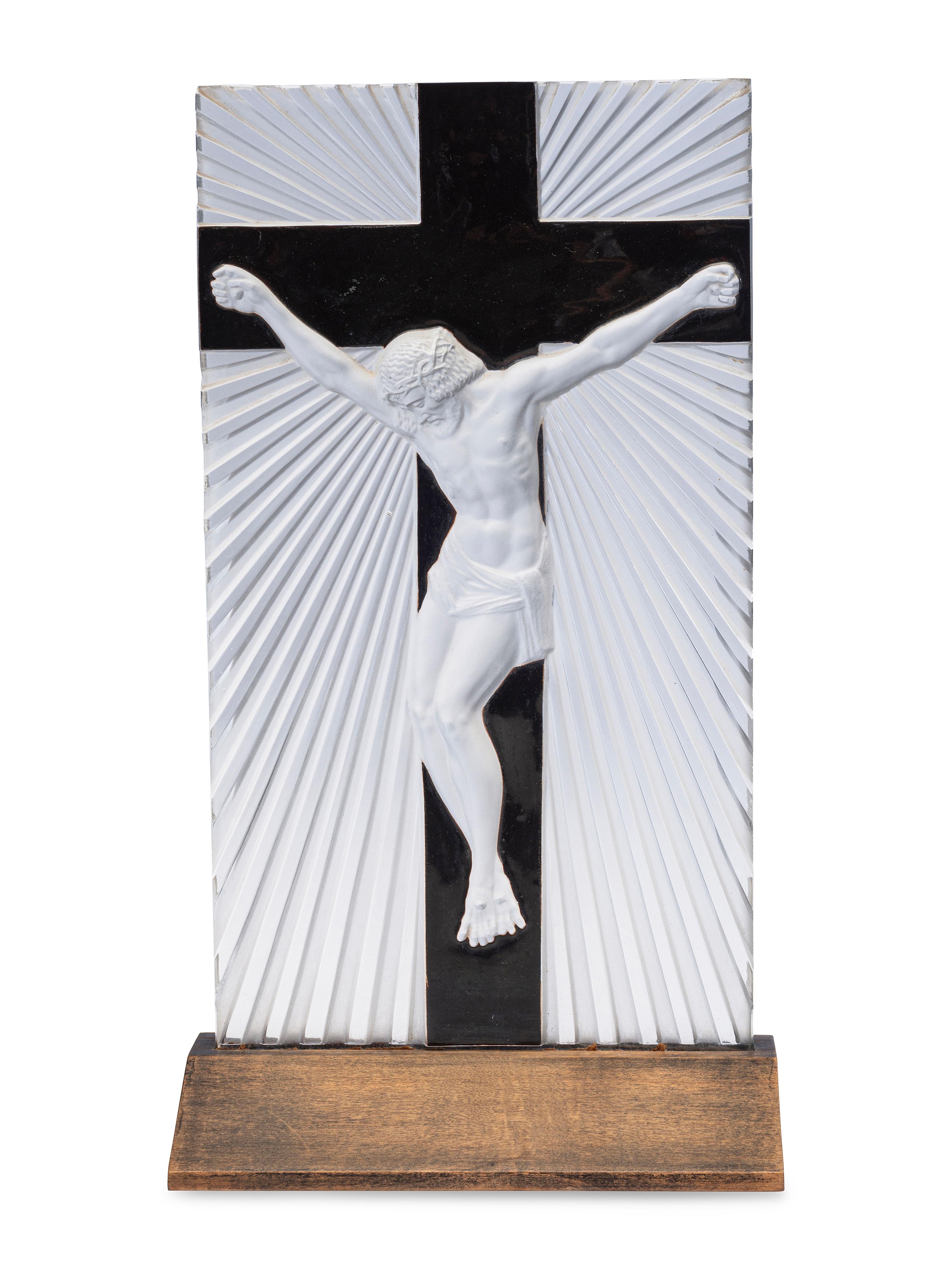 A Lalique Frosted Glass and Enamel Crucifix