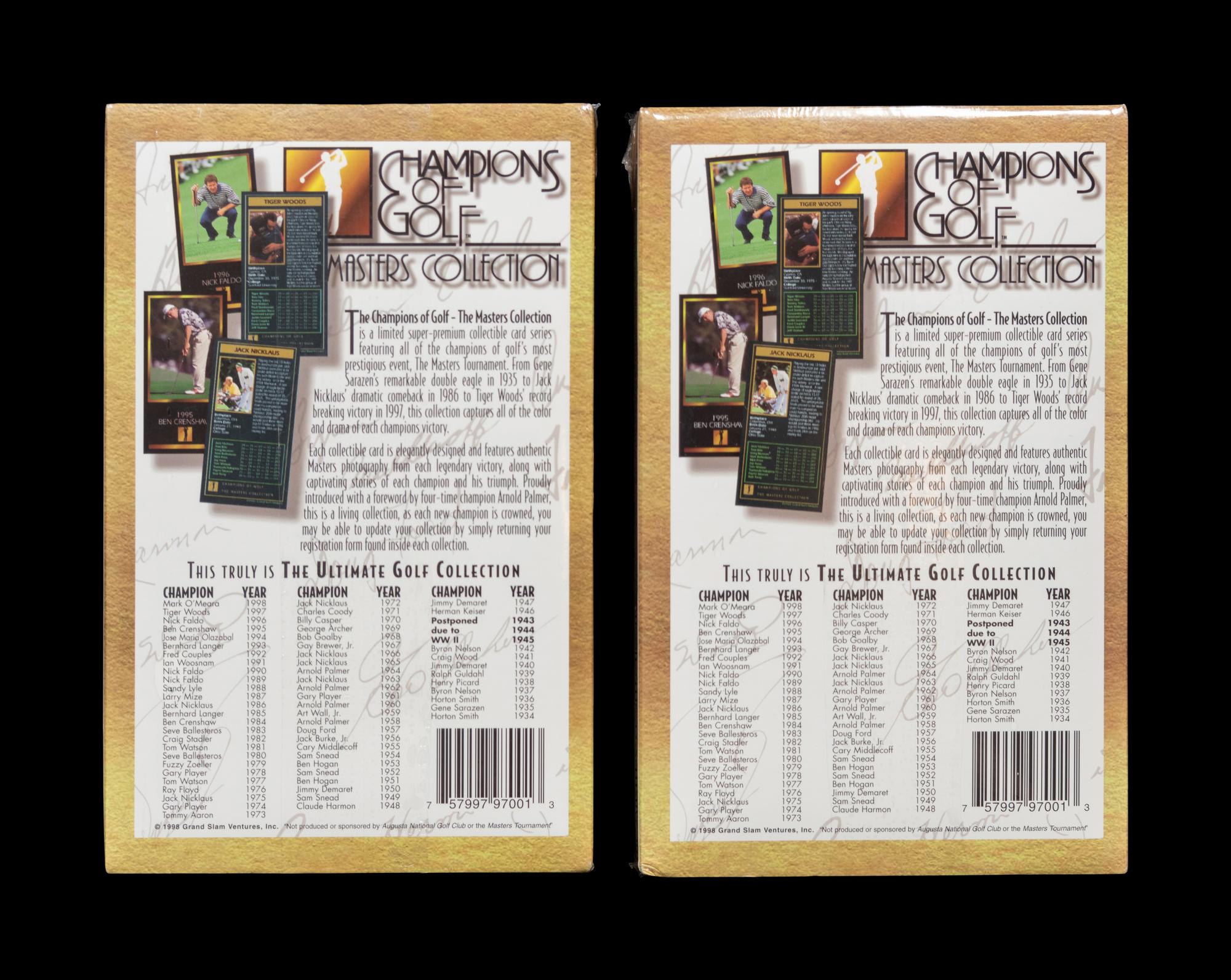 A Group of Two 1998 Champions of Golf Unopened Masters Golf Card Sets Featuring Tiger Woods Rookie Cards,