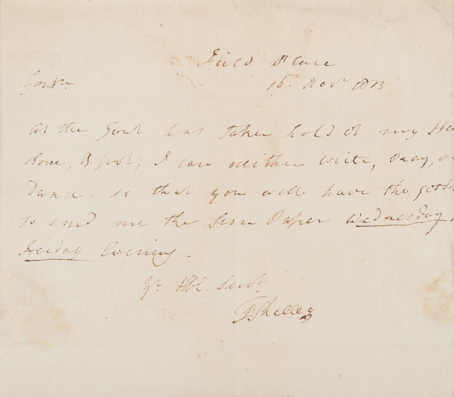 [SHELLEYANA]. A group of material relating to Shelley and his circle, including manuscripts from the collection of Charles W. Frederickson.