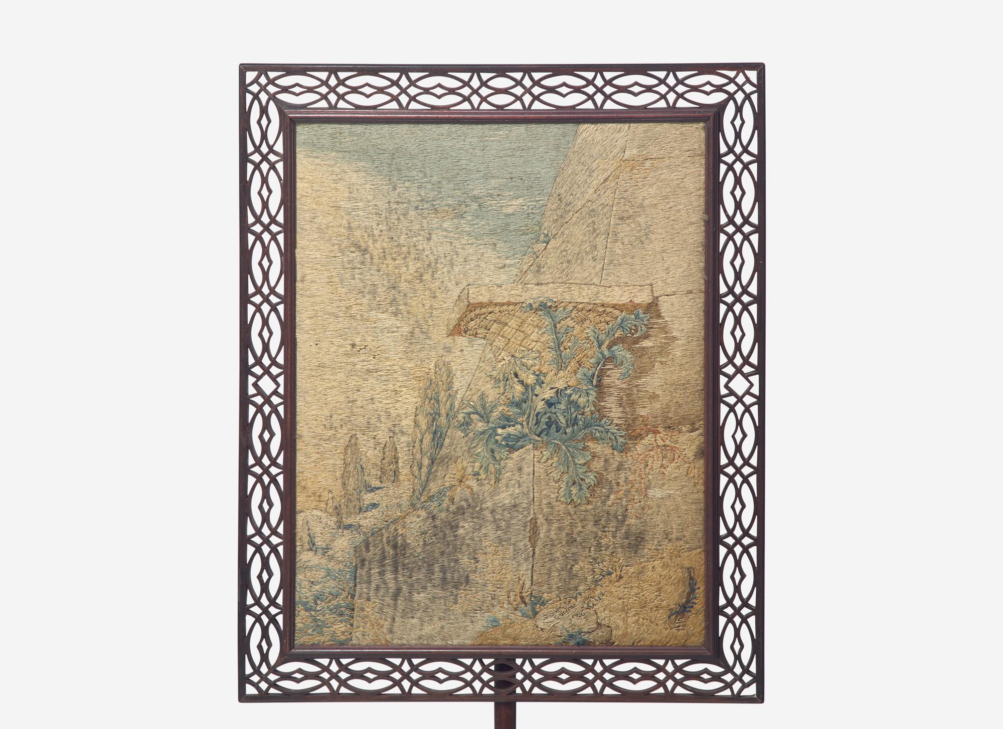 A George III Mahogany Fretwork and Petit-Point Needlework Firescreen