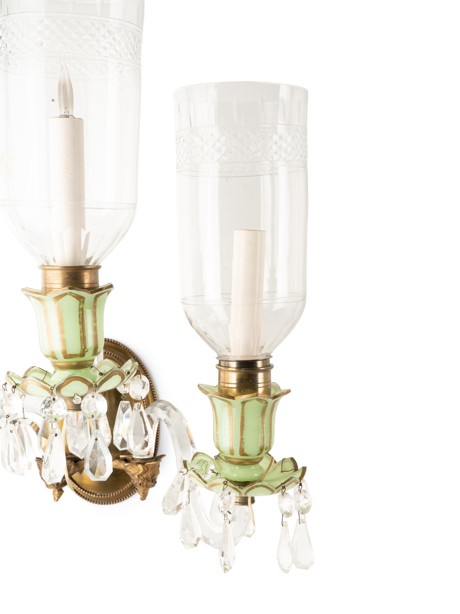 A Pair of French Opaline Glass Three-Light Sconces with Cut Glass Hurricane Shades