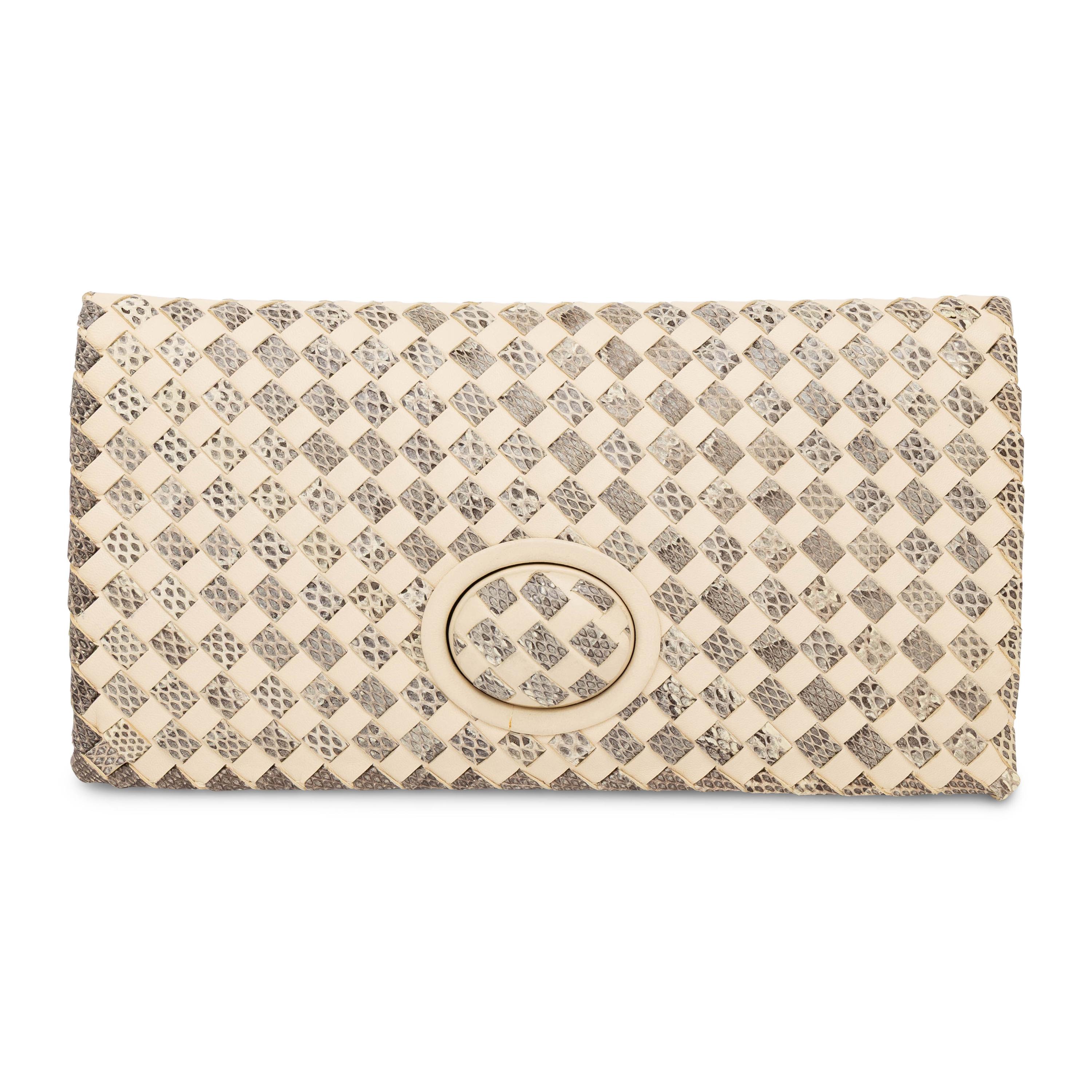 Bottega Veneta, Folded Clutch in Intrecciato Snakeskin & Leather