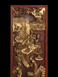 Two Pairs of Chinese Gilt and Red Lacquered Wood Panels