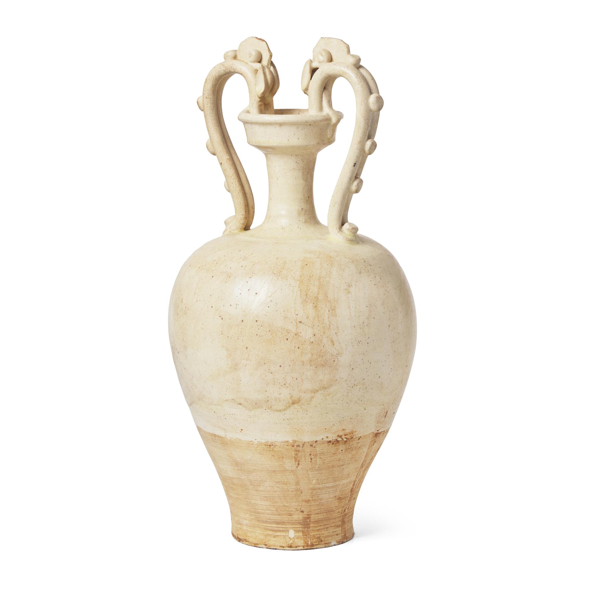 A Chinese White Glazed Pottery 'Amphora' Vase, Tang Dynasty 唐 白釉雙龍尊