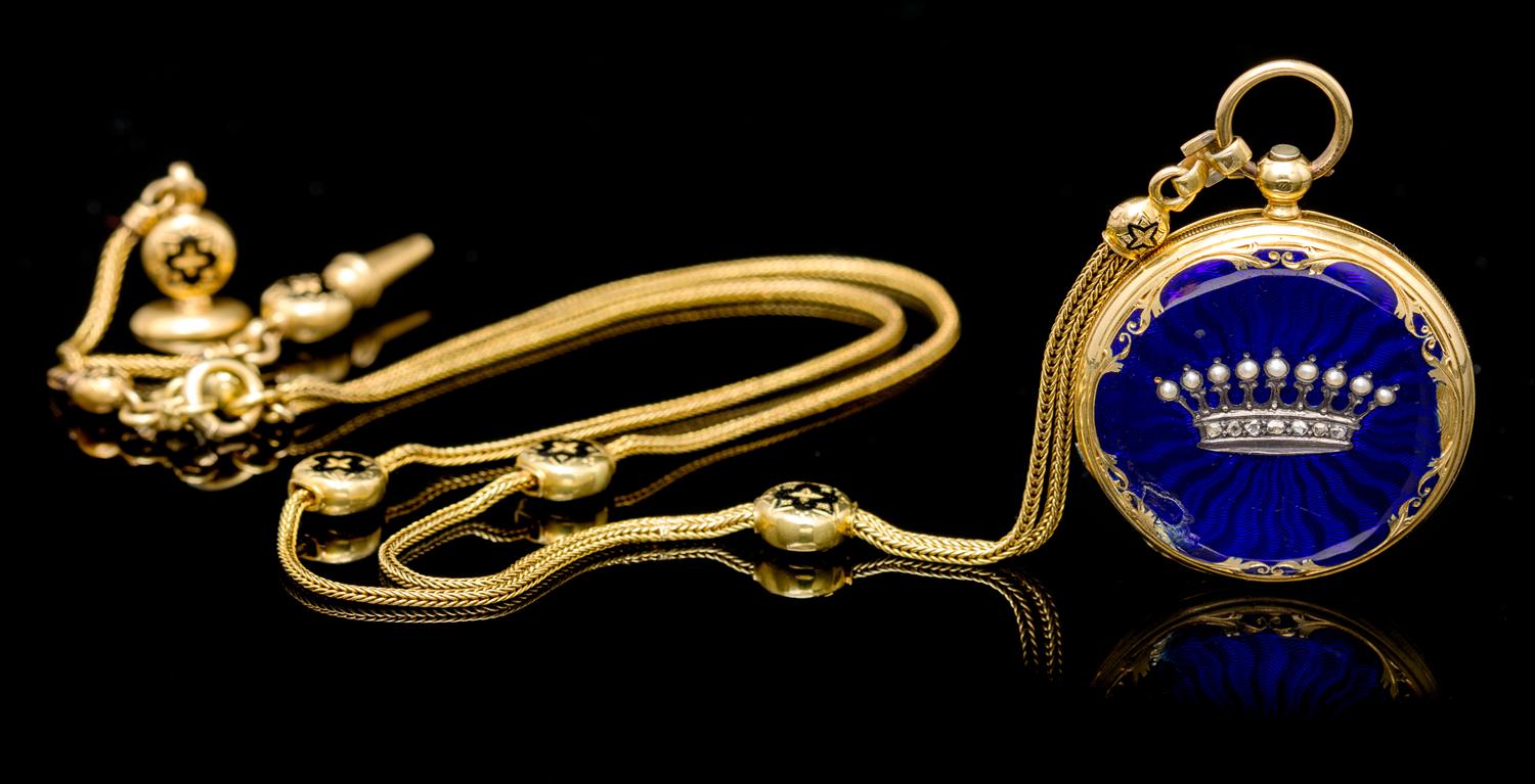 A Yellow Gold, Enamel, Diamond and Seed Pearl Hunter Case Pendant Watch, French,