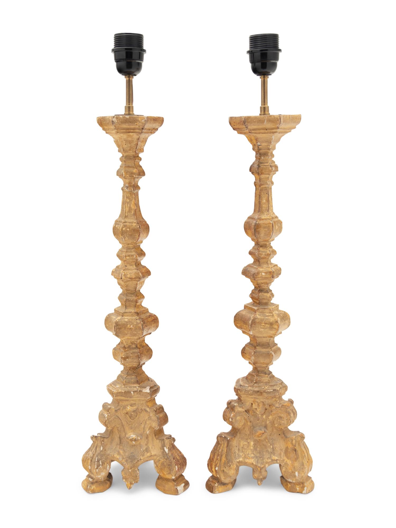 A Pair of French Giltwood Prickets Mounted as Lamps