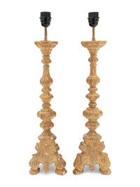 A Pair of French Giltwood Prickets Mounted as Lamps