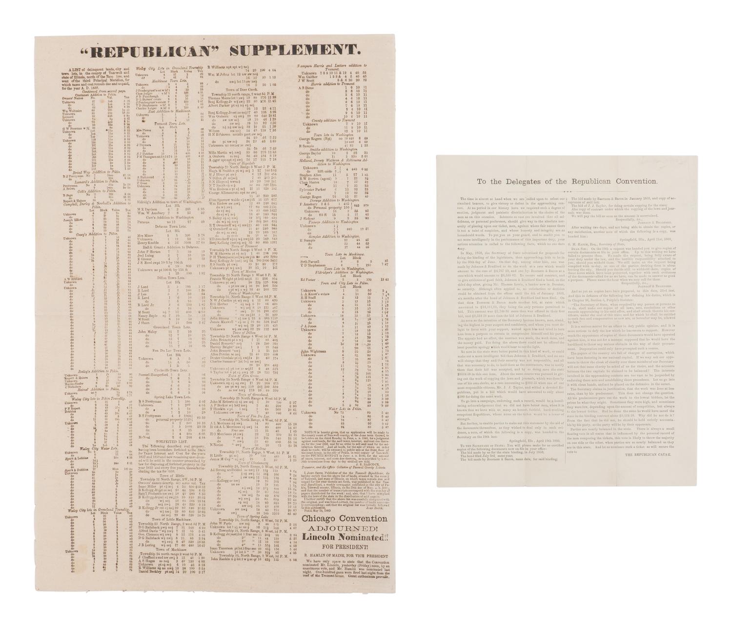 [LINCOLN-HAMLIN CAMPAIGN]. "Republican" Supplement...Chicago Convention Adjourned! Lincoln Nominated!! For President! [Pekin, IL] : Tazewell Republican, ca 19 May 1860.