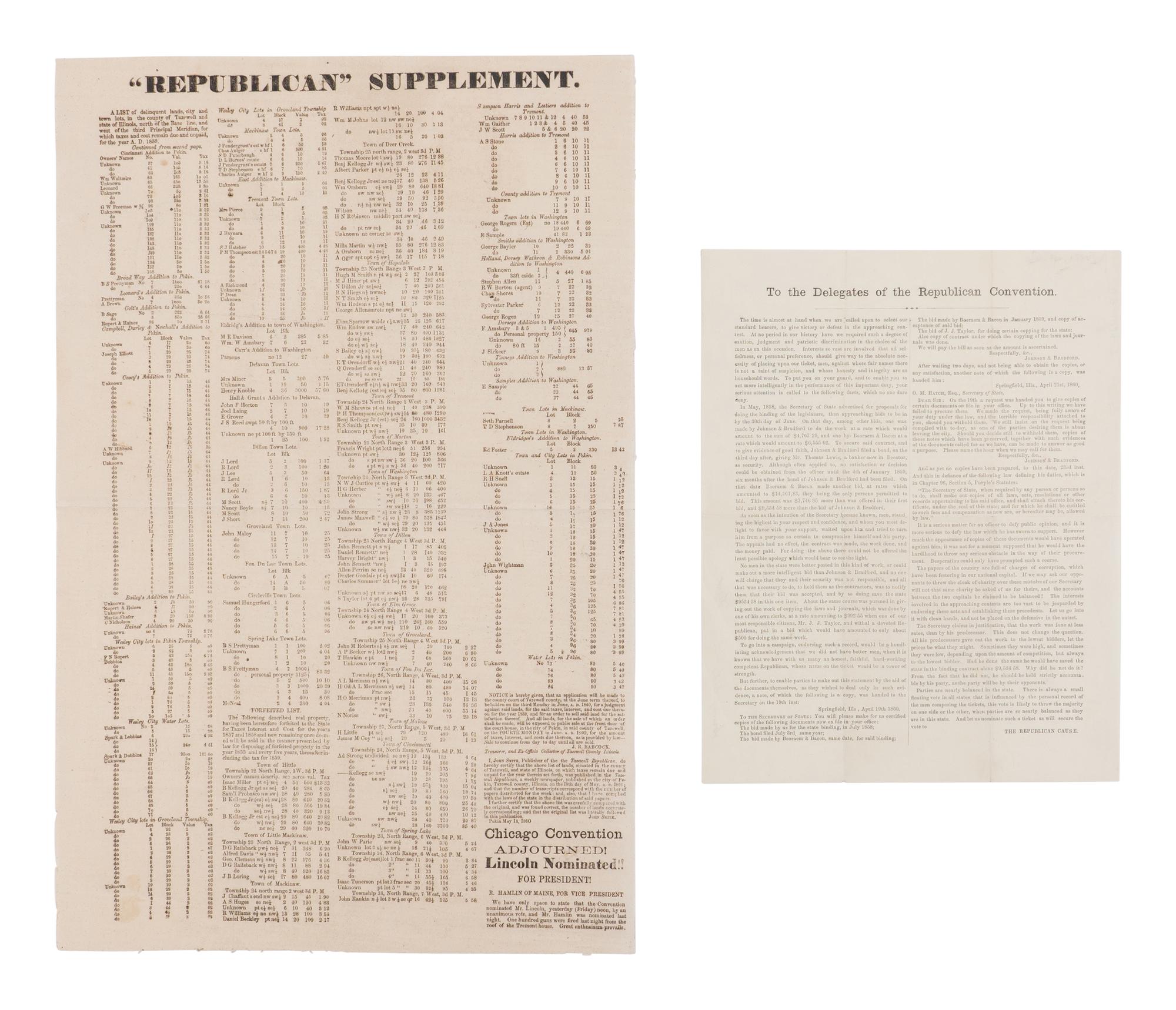 [LINCOLN-HAMLIN CAMPAIGN]. "Republican" Supplement...Chicago Convention Adjourned! Lincoln Nominated!! For President! [Pekin, IL] : Tazewell Republican, ca 19 May 1860.