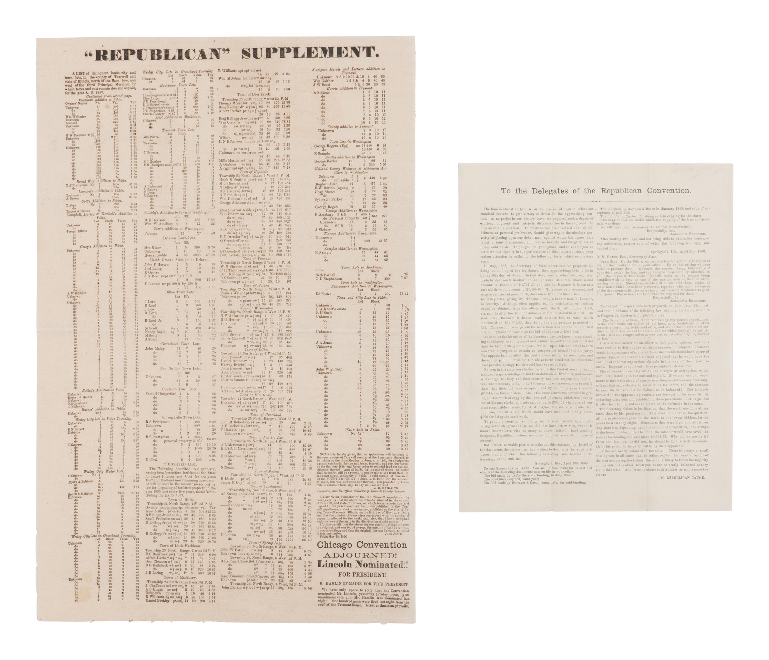 [LINCOLN-HAMLIN CAMPAIGN]. "Republican" Supplement...Chicago Convention Adjourned! Lincoln Nominated!! For President! [Pekin, IL] : Tazewell Republican, ca 19 May 1860.